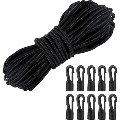 8mm x 10m Elastic Bungee Cord Black Elastic Rope with 10 Plastic Hooks for Tarpaulins, Camping, Transportation and Gardening (1/5)