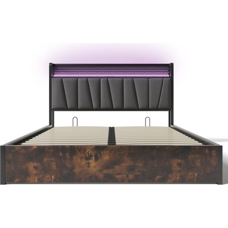 Lit rembourré en métal LED avec contrôle par application, lit double avec recharge USB, tête de lit et éclairage LED, lit en métal 160x200cm avec sommier à lattes en bois, gris (sans matelas) (1/5)