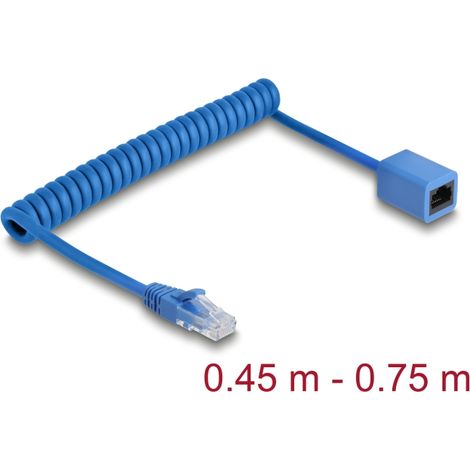 Delock Cable en espiral RJ45 macho a hembra Cat.6 UTP 0,45 m a 0,75 m azul