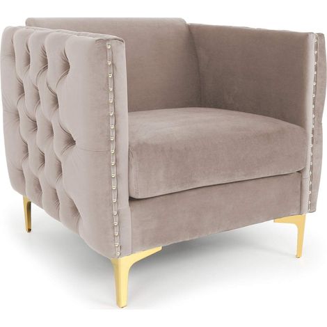 Fauteuil Capitonné Joshua en Velours Taupe – Fauteuil de Salon Confortable avec Dossier Capitonné et Pieds en Bois – L83 x P70 x H74 cm (1/5)