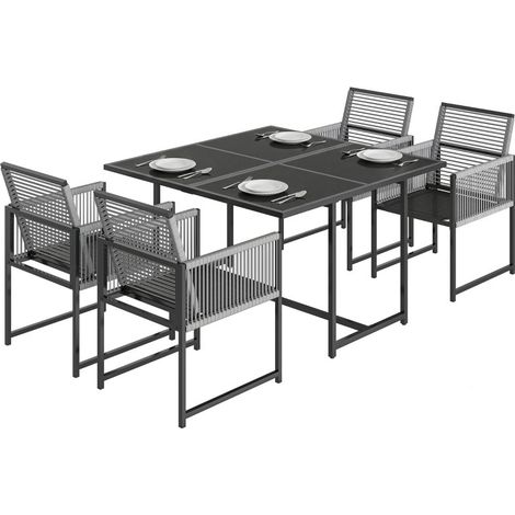 Conjunto de comedor de jardín de 5 piezas, salón cubo exterior para 4 personas, mesa y sillas con respaldo abatible, color gris claro (1/5)