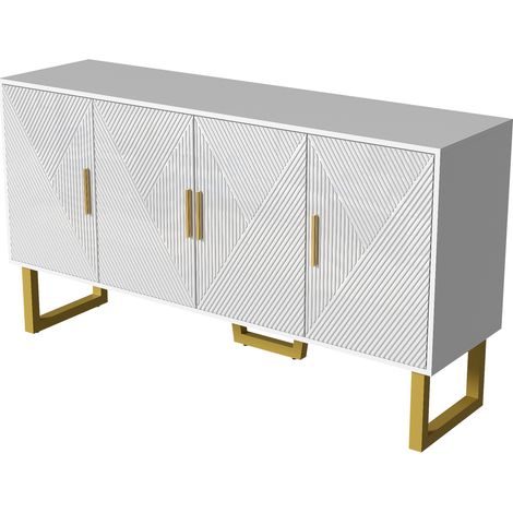 Buffet moderne blanc 150 cm à 4 portes, finition brillante, poignées dorées MODENUIT (1/5)
