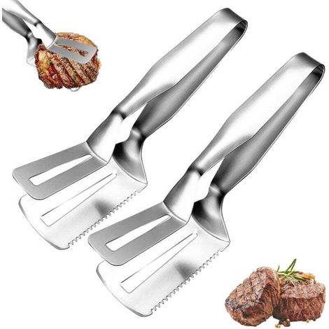 Lot de 2 pinces à steak en acier inoxydable, multifonction de qualité alimentaire, pince à pain, pince à barbecue en acier inoxydable, pince à steak dentelée, peut clipser, pelle, peut couper 3 en 1 (1/4)