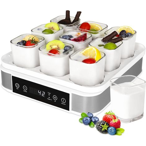 Yaourtière Électrique, Machine à Yaourt avec 9 Pots en Verre de 170ml, Yaourtière Pratique et Compacte, avec Minuterie, Thermostat Réglable et Écran LED, 40 W, pour des Desserts Maison Sains (1/5)