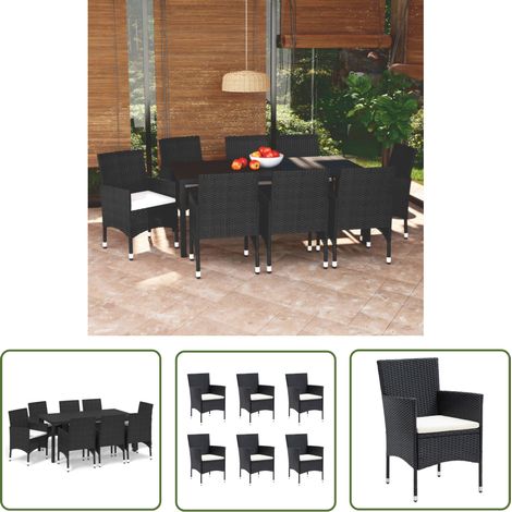 The Living Store 9-tlg. Garten-Essgruppe mit Kissen Poly Rattan Schwarz - Gartenmöbel - Essgruppe - Outdoor Möbel - Balkonmöbel - Terrassengruppe (1/5)