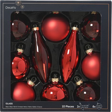 Decoris Weihnachtskugeln mit Tropfen-Ornamente aus Glas Ø 6 cm rot 10 Stück