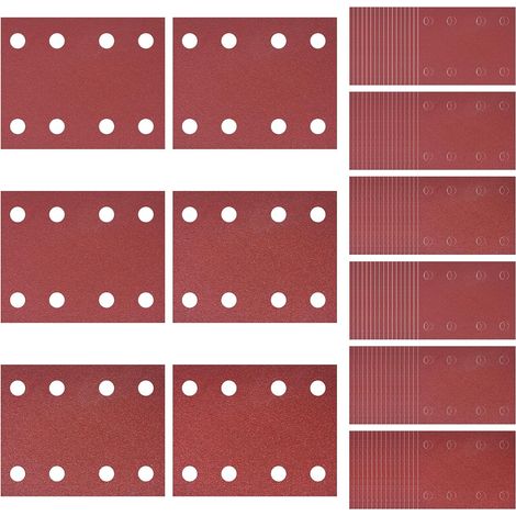 Lot de 100 feuilles de papier de verre 189 mm x 93 mm, avec crochet et boucle, grain 40/60/80/120/180/240, 8 trous, compatible avec Makita BO4555 BO4554 BO4561 (1/5)
