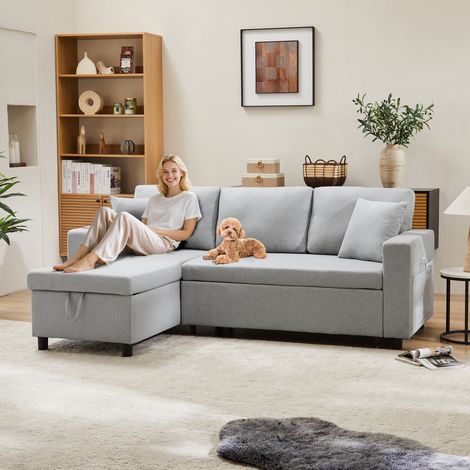 Canapé d'angle convertibile in lino grigio 219,5x142,5x83 cm con contenitore e chaise longue reversibile (1/5)