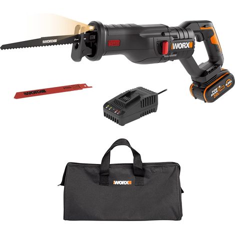 WORX WX516 - Sega a sciabola a batteria da 20 V, motore senza spazzole, con batteria PowerShare da 4000 mAh e caricatore, cambio rapido della lama, velocità di taglio variabile, luce LED, colore nero (1/4)