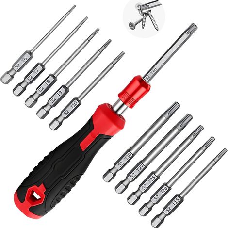 12 Pièces Embout Torx, Torx Bit Set Acier Alliage S2, T6‑T7‑T8‑T9‑T10‑T15‑T20‑T25‑T27‑T30‑T40, Magnétiques Antivol Tige Hexagonale 1/4", et 1 Poignée, Outil Bricolage Réparation Auto Moto (1/5)