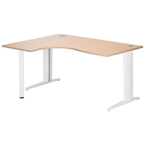 Bureau compact chêne clair L 160 cm retour à gauche piètement L réglable métal Plus blanc Essens - Maxiburo