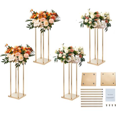 Support de fleurs en métal doré, 4 pièces, hauteur 60 cm, avec finition métal laminé, pour centre de table, événements, réceptions et fêtes. (1/5)