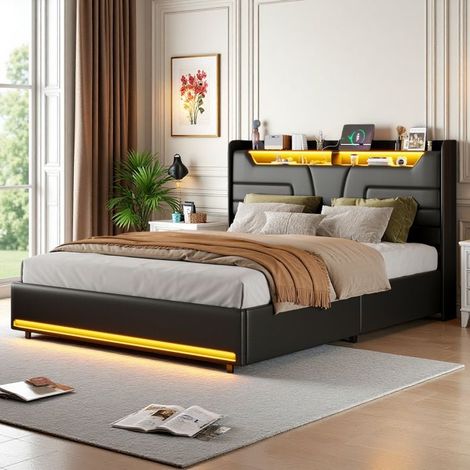 Cama de almacenamiento hidráulica - Cama capitonada 160x200 negra - Doble almacenamiento - LED RGB triple - Estación de carga USB