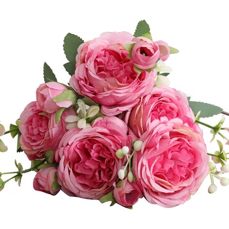 Bouquet de Roses Persanes Artificielles 5 Têtes - 3 Bouquets pour Décoration Mariage et Salon Violet Rose (1/5)