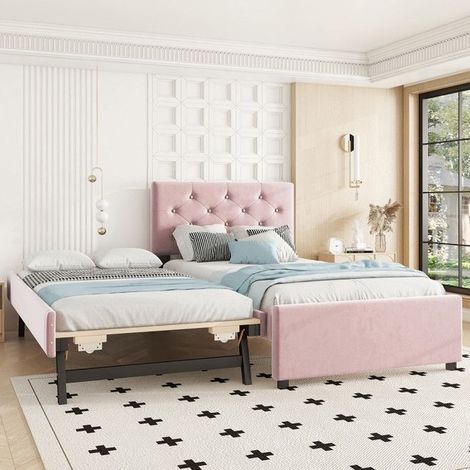 Lit gigogne 90x200 cm 2 personnes en velours avec roulettes,lit double rembourré avec sommier à lattes cadre de lit,rose (1/5)