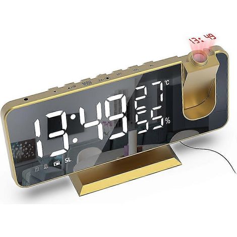 Réveil à projection 3D 25-26 pouces, radio FM, horloge numérique, chargeur USB, grand écran LED miroir, luminosité automatique, lettrage doré et blanc