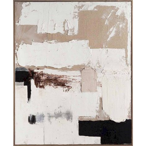 tableau abstrait multicolore sur toile et bois décoration murale - blanc beige touches de noir et marron (1/4)