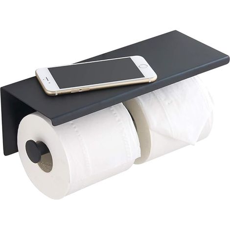 BEBUSINGOTO Portarrollos de papel higiénico de acero inoxidable con estante de pared para baño (negro, doble cabezal) (1/5)