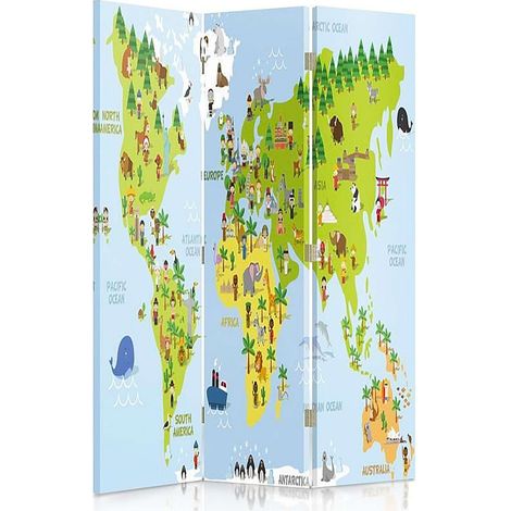 Paravent Éducatif Carte du Monde pour Enfants - Déco Ludique - 110 x 180 cm - 1 face déco, 1 face noir
