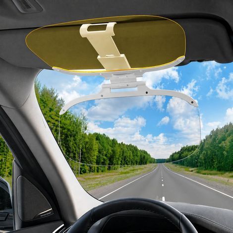 Pare-soleil de voiture 2-en-1 pour le jour et la nuit, pare-soleil extensible avec bouton de réglage, anti-éblouissement et protection UV, à clipser pour voiture, camion et SUV, jaune et noir (1/5)