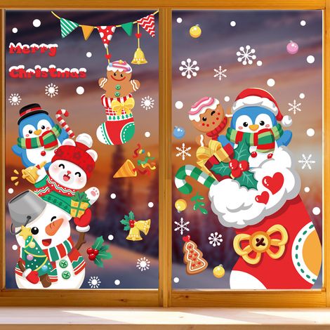 Autocollants décoratifs de Noël pour fenêtres, cadeaux du Père Noël, bonhomme de neige, rennes, autocollants de fenêtre à motifs de dessins animés, autocollants de porte, électricité statique.