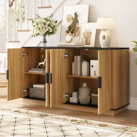 Buffet 4 portes 139x40x75 cm avec relief ondulé, grand rangement fermé pour salon, entrée ou salle à manger, bois naturel (1/5)