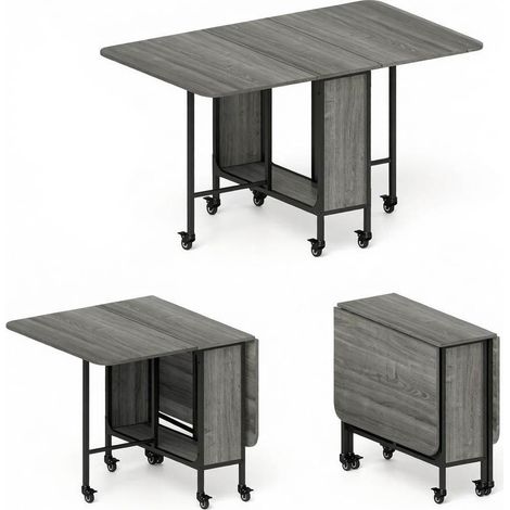 Mesa de comedor plegable con ruedas y tablero extensible gris con estante HOMVRA (1/5)
