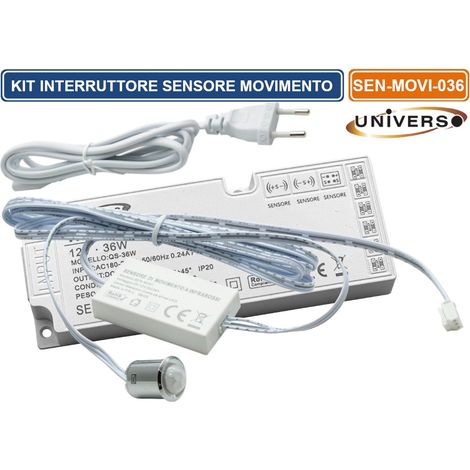 KIT MINI INTERRUTTORE SENSORE MOVIMENTO INFRAROSSI 12V 24V PASSAGGIO PIR CON ALIMENTATORE 36W ACCENSIONE AUTOMATICA STRISCE LUCI LED