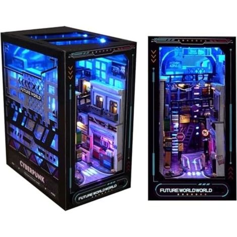 3D Book Nook Kit pour Adultes, Serre-Livres Puzzle en Bois Cyberpunk avec Capteur de Lumière, DIY Décor D'insertion de Bibliothèque Modèle, Cadeaux Spéciaux pour Les Adolescents