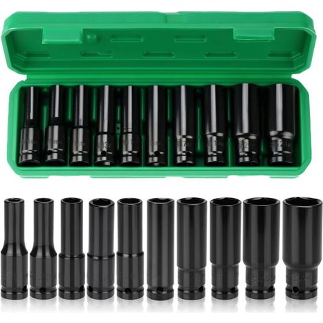 10 pièces, douille longue 1/2, 6 pans, a choc vec boîte de rangement, épaissi, jeu clés hexagonales intérieures application vie quotidienne 8-24mm - (1/5)