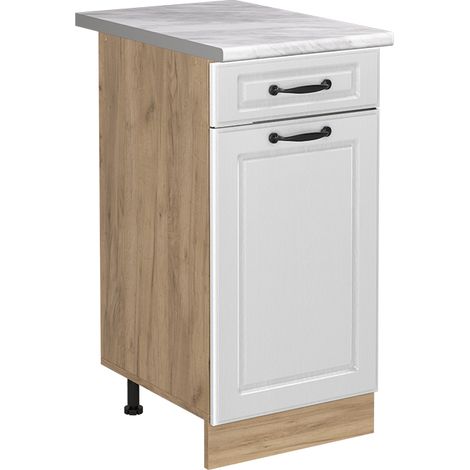 Küchenunterschrank R-Line, Weiß Landhaus/Goldkraft Eiche, 40 cm Arbeitsplatte Marmor, Vicco (1/5)