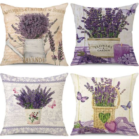 Set mit 4 Kissenbezügen mit Lavendel- und Schmetterlingsmuster – 45 x 45 cm