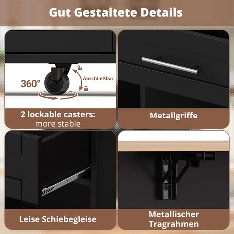 Chariot de cuisine avec plan de travail rabattable, îlot roulant avec porte-bouteilles, porte-verres, étagère à épices et porte-serviettes, 120x45/70x92cm, noir – table de service polyvalente avec ran (1/5)