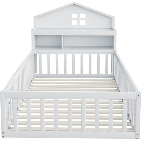 Lit cabane enfant 90x200, lit en bois massif blanc avec rangements, barrière de sécurité, porte et sommier à lattes inclus. (1/5)