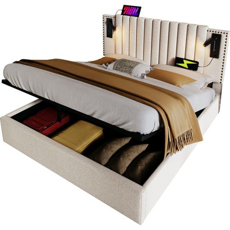 Lit coffre 140x200 avec tête de lit réglable, liseuse intégrée et 2 ports USB-C, style beige en tissu coton lin, avec sommier relevable et rangement – CHICFURN (1/5)