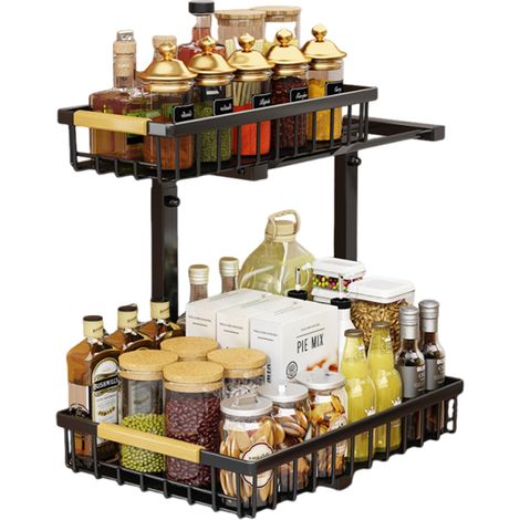 Metall-Set, 2-teilig, Unterschrank-Aufbewahrungssystem, 2-stöckiger Schubladenschrank, Küchenaufbewahrung und -organisation, Unterschrank-Aufbewahrung, Schwarz (1/5)