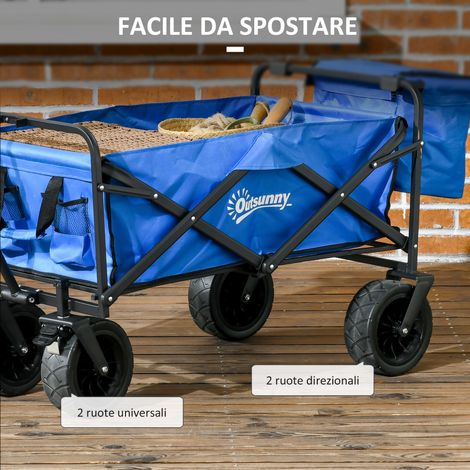 Chariot de jardin bleu 110L en acier et tissu, avec poignée télescopique et sac isotherme 15L intégré.