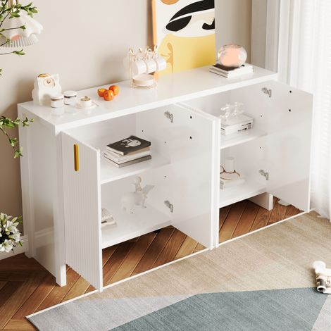 Buffet 140x38x80 cm blanc en panneaux de particules avec 4 portes et étagères réglables (1/5)