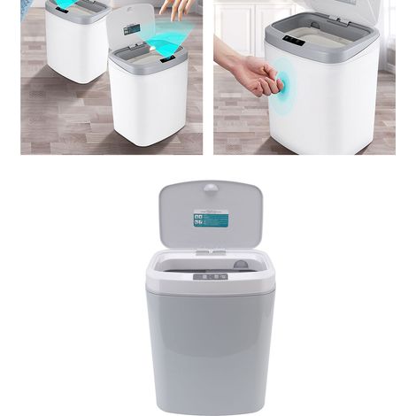 Poubelle intelligente à capteur 16 L pour la maison - Cuisine, salon, chambre, salle de bain - Poubelle électrique automatique, version à piles 16 L, gris haut de gamme (1/5)