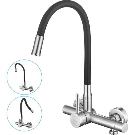 Robinet Cuisine Mural - 1 Unité - Acier Inoxydable - Double Jet et Raccord Lave-Vaisselle - Rotation 360° - Noir (1/5)