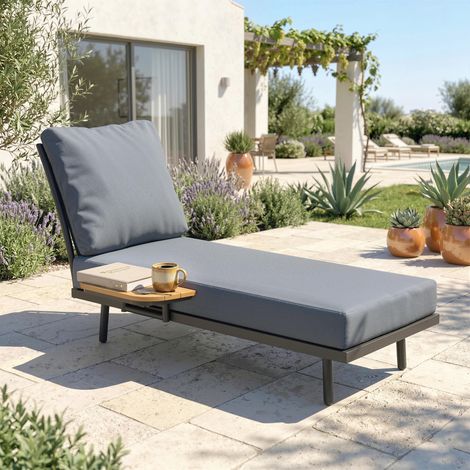 Chaise longue extérieur avec coussins oléfine lavables, étagère latérale, cadre métal, 58x137x75cm, gris (1/5)