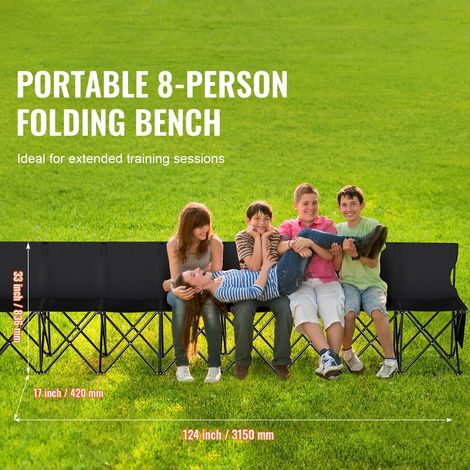 Banc pliant transportable 8 places assise bord terrain foot avec poches laterales et sac transport leger dossier pour rugby camping evenements exterieur noir (1/5)