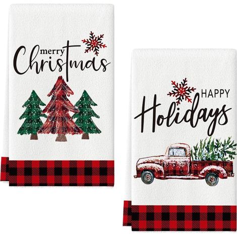 Lot de 2 Torchons de Cuisine Camion et Arbres de Noël, Torchon Vaisselle de Noël, 18 x 26 inch Torchons de Cuisine Coton Vaisselle, Bar Multi-usages Doux et absorbants (1/5)