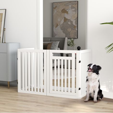 Barandilla de seguridad plegable para perro de 4 paneles, con puerta, MDF blanco 81 cm HAVRYA (1/3)