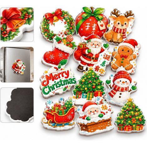 12 Pièces Aimants Réfrigérateur Noël Doux, 6.5×6.5 cm, Père Noël Renne Bonhomme Neige (1/5)
