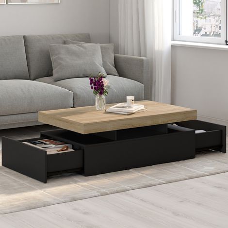 Table basse rectangulaire ELSA 2 tiroirs en bois noir et plateau façon hêtre