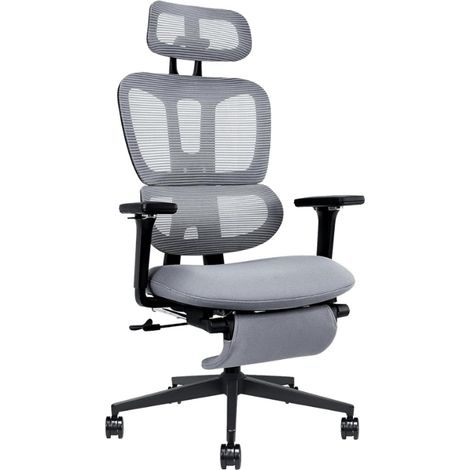 Chaise de Bureau Ergonomique en Maille avec Repose-Pieds Rétractable, Dossier Double, Soutien Lombaire et Accoudoirs 4D gris