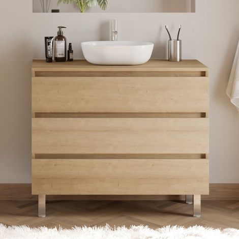 Meuble de salle de bain 100cm avec plateau et vasque à poser arrondie - 3 tiroirs - sans miroir - nebraska (chêne clair) - MAYOR