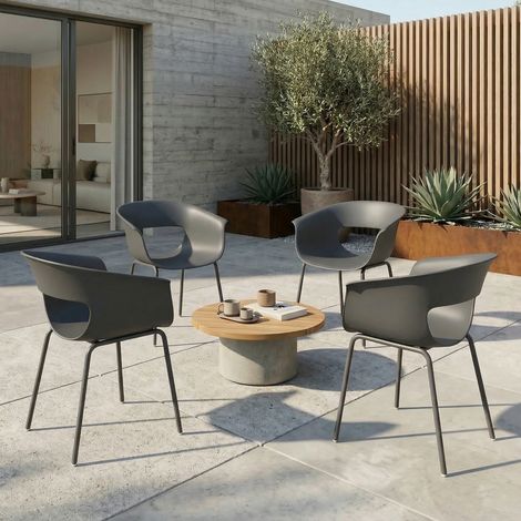 Ensemble 4 chaises jardin ergonomiques accoudoirs découpés résistantes aux intempéries à rouille coloris - Couleur: Gris foncé