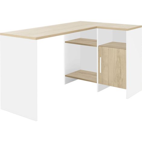 Bureau d'angle châtaignier blanc – Grand espace de travail – 1 porte et 3 niches de rangement – Design moderne et fonctionnel – Diagone (1/4)